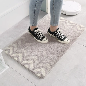 Absorbent gradient grey geometric flocked rug for bathroom or entryway with non-slip backing