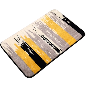 Thick flocked rectangular rug with modern abstract yellow and grey stripes for living room
