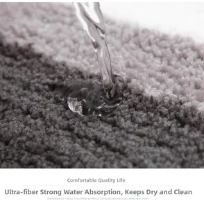 Macro shot of microfiber bath mat showing water absorption and grey striped texture