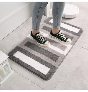 Close-up of thick striped plush bathroom mat with absorbent soft microfiber texture