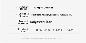 Polyester bath mat specifications showing sizes 40x60cm, 50x80cm, and 60x90cm in detail