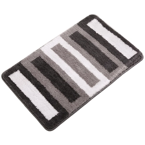 Absorbent microfiber bath mat with gray and white striped pattern on white background