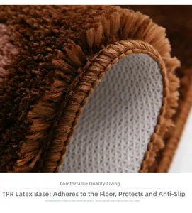 Detail of thick plush bath mat showing non-slip TPR latex backing and durable stitched edges