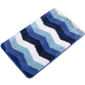 Tapis de bain bleu et blanc à chevrons, texture pelucheuse absorbante et antidérapant