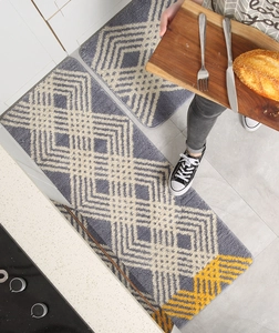 Macro detail of two-piece grey kitchen mat set with absorbent geometric fiber texture