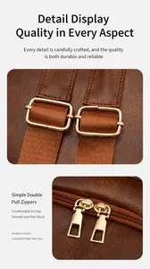 Macro detail of brown leather texture with premium gold hardware and dual zipper closure