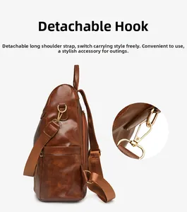 Macro view of detachable golden hooks and adjustable strap on a brown PU leather backpack