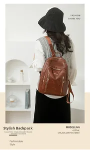 Brown vintage faux leather backpack shown worn as a stylish shoulder bag and rucksack