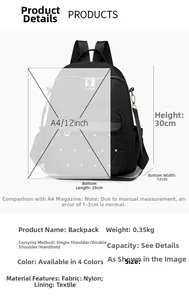 Detailed dimensions of the black Oxford nylon backpack showing size relative to A4 magazine