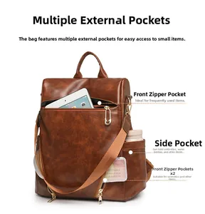 Deep brown PU leather backpack detail showing large capacity with iPad and cosmetics