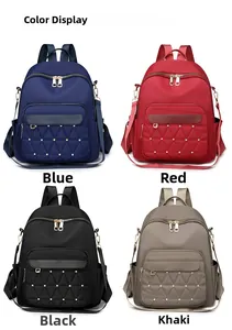 Quilted oxford backpack detail in blue, red, black, and khaki colors with gold rivets