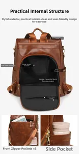 Detail view of large capacity PU leather backpack with multiple functional storage pockets