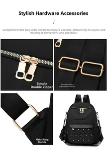 Detail shots of gold zippers, adjustable buckles, and quilted black oxford fabric