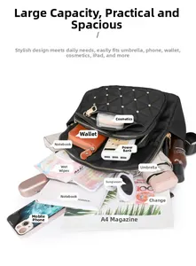 Detailed interior of black quilted nylon backpack showing large capacity with daily essentials