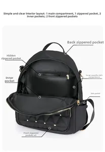 Internal view of black oxford backpack showing multi-pocket compartments and large capacity