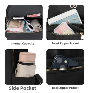 Detail view of black oxford backpack compartments for iPad and travel essentials