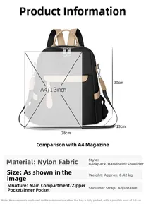 Detailed dimensions of black nylon backpack 28x30x13cm weighing 0.42kg for A4 storage