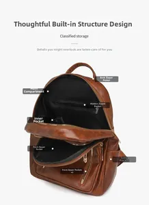 Top view of brown vintage backpack showing large capacity and multi-zipper compartments