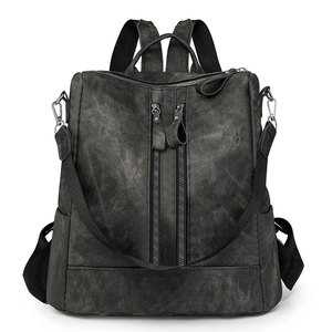 Minimalist dark grey washed texture backpack for women with dual front zippers and versatile straps