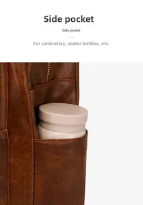 Brown vintage leather backpack side pocket detail showing water bottle storage
