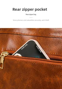 Detailed view of the back anti-theft zipper pocket on this brown leather backpack