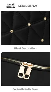 Detail view of black quilted oxford backpack featuring golden rivets and dual metal zippers