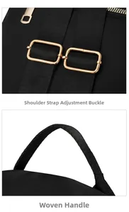Detail of adjustable gold buckle and reinforced woven handle on black oxford backpack