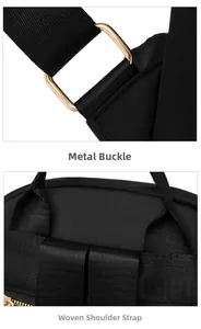 Close-up of golden metal rings and reinforced woven shoulder straps on black oxford backpack