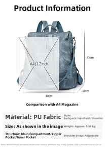 Blue PU leather backpack size comparison with A4 paper and detailed product dimensions
