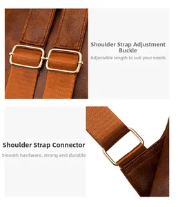Detail of adjustable woven shoulder strap and golden metal buckle on brown leather bag