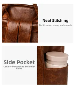 Detail of brown faux leather backpack showing precise stitching and side water bottle pocket
