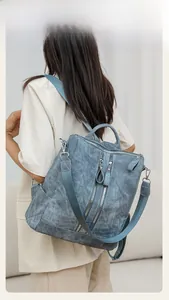 Detail of vintage blue leather backpack for women with dual zippers and textured finish