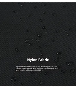 Detailed view of waterproof black nylon fabric with water droplets and fine texture