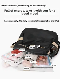 Flat lay of black nylon bag showing large capacity for iPad, umbrella and cosmetics