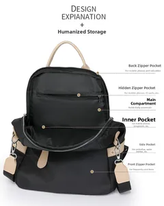 Detailed interior view showing multi-pocket storage and nylon material of the black backpack