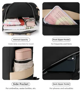 Detail view of large capacity black nylon backpack compartments and functional pockets