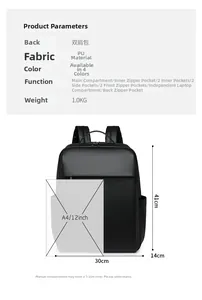 Detail view of large black PU leather backpack showing dimensions of 41cm x 30cm and storage