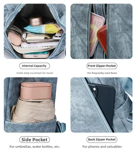 Detail view of denim backpack showing main compartment, front pocket and anti-theft zipper