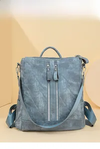 Blue retro textured multi-zipper backpack with convertible dual-strap design