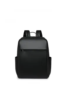 Detailed front view of black leather business backpack with front zipper pocket and side slots