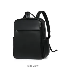 Side view of matte black PU leather backpack with padded straps and side pockets