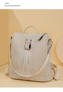 Close-up of beige woven texture backpack with silver metal zippers and top handle