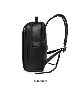 Side view of black PU leather business backpack showing layered zippers and side pocket