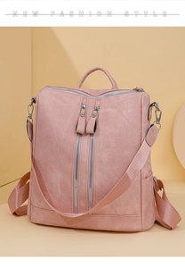 Detail of pink multi-functional backpack with dual zippers and textured synthetic leather