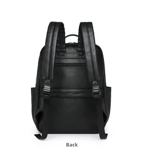 Detail view of the padded shoulder straps and suitcase strap on back of black PU backpack