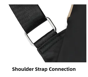 Detail of reinforced shoulder strap stitching and silver square metal buckle on black bag