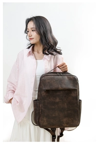 Detail of dark brown vintage matte PU backpack with multi-zipper and large main compartment