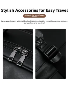Detail of premium black PU leather texture with dual metal zippers and adjustable buckle