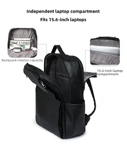 Detail view of 15.6-inch laptop compartment and interior storage in black PU backpack