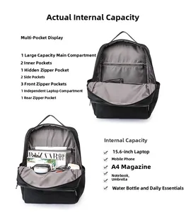 Detail view of large capacity black backpack with multiple pockets and 15.6 inch laptop sleeve
